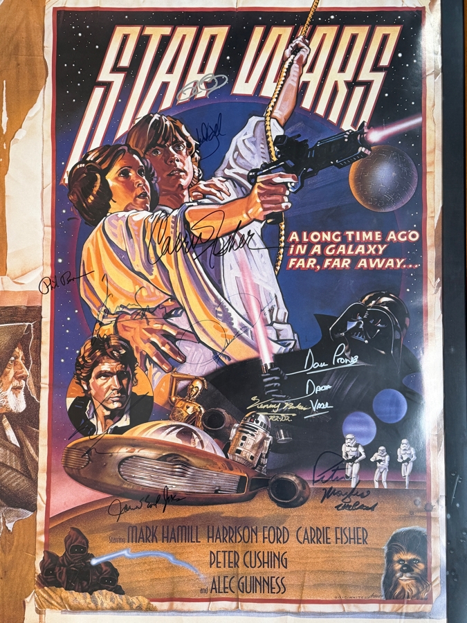 Vintage 1977 Star Wars Style D Rare Signed Poster By Carrie Fisher, George Lucas, Mark Hamill, Harrison Ford, Kenny Baker, Peter Mayhew, David Prowse, James Earl Jones, Rick Baker, Anthony Daniels And Phil Brown Framed 28.5 X 42.5 [Photo 4]