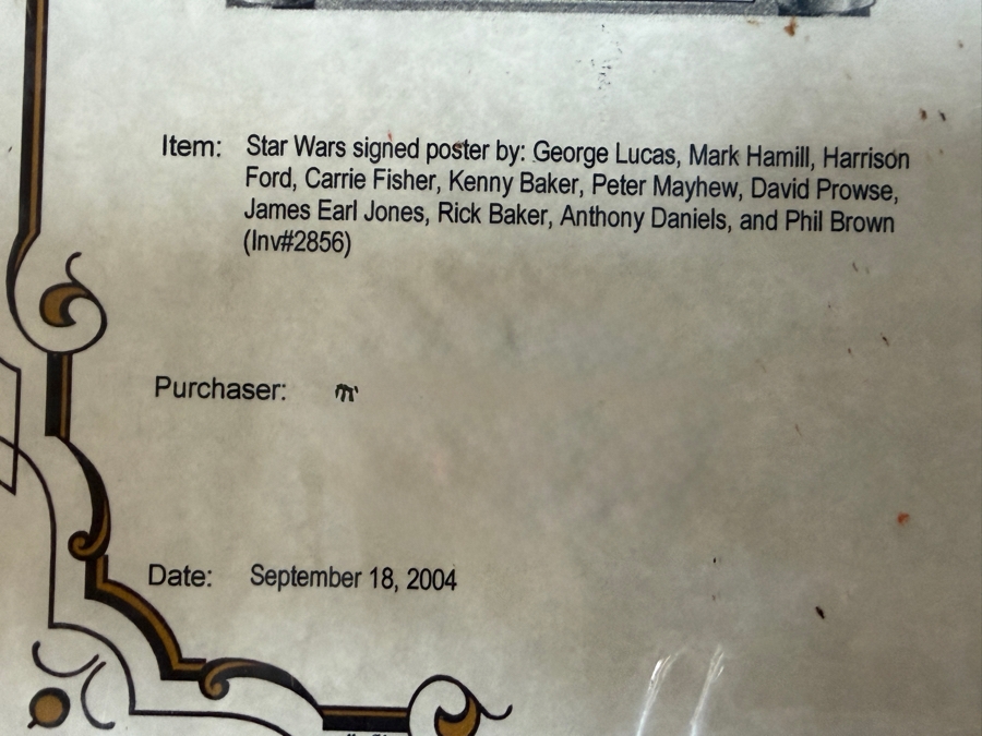 Vintage 1977 Star Wars Style D Rare Signed Poster By Carrie Fisher, George Lucas, Mark Hamill, Harrison Ford, Kenny Baker, Peter Mayhew, David Prowse, James Earl Jones, Rick Baker, Anthony Daniels And Phil Brown Framed 28.5 X 42.5 [Photo 26]