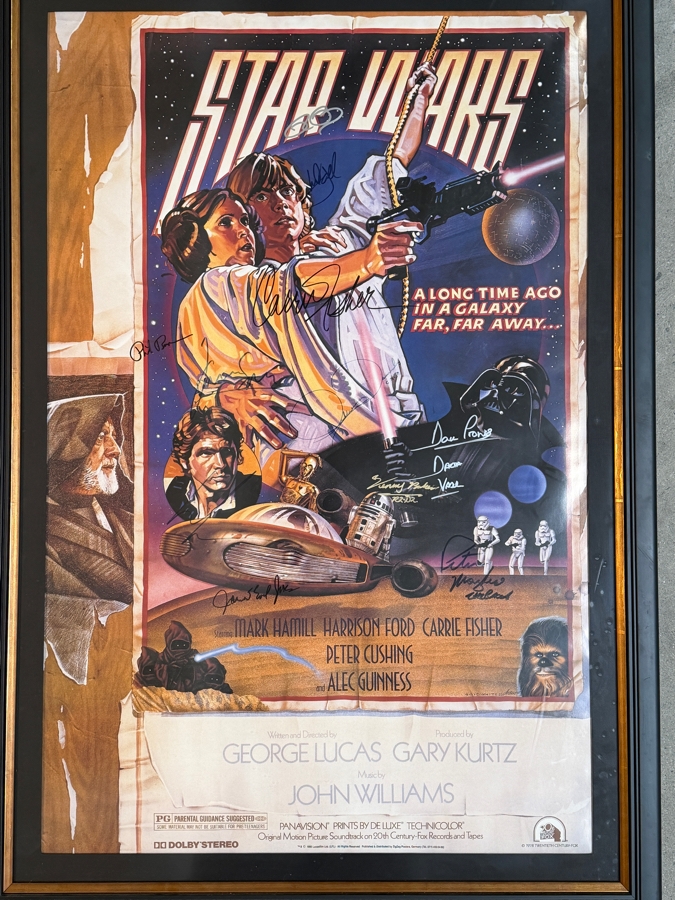 Vintage 1977 Star Wars Style D Rare Signed Poster By Carrie Fisher, George Lucas, Mark Hamill, Harrison Ford, Kenny Baker, Peter Mayhew, David Prowse, James Earl Jones, Rick Baker, Anthony Daniels And Phil Brown Framed 28.5 X 42.5 [Photo 2]