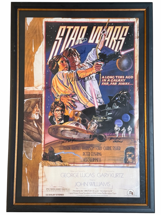 Vintage 1977 Star Wars Style D Rare Signed Poster By Carrie Fisher, George Lucas, Mark Hamill, Harrison Ford, Kenny Baker, Peter Mayhew, David Prowse, James Earl Jones, Rick Baker, Anthony Daniels And Phil Brown Framed 28.5 X 42.5