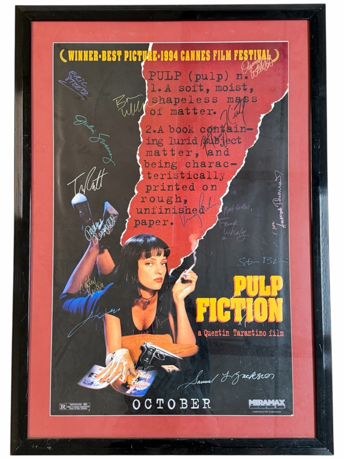 Vintage Pulp Fiction Adv. Movie Poster Signed By The Movie Cast Including Samuel L. Jackson, John Travolta, Uma Thurman, Bruce Willis Steve Buscemi, Tim Roth And More 25 X 39 Framed 33 X 47