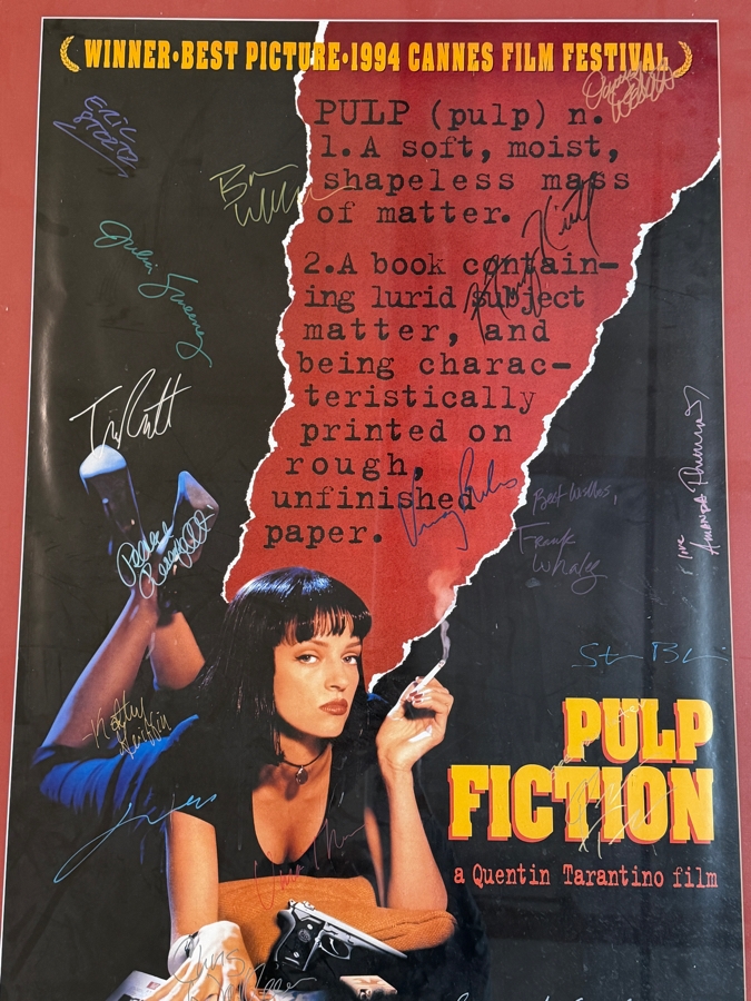 Vintage Pulp Fiction Adv. Movie Poster Signed By The Movie Cast Including Samuel L. Jackson, John Travolta, Uma Thurman, Bruce Willis Steve Buscemi, Tim Roth And More 25 X 39 Framed 33 X 47 [Photo 23]
