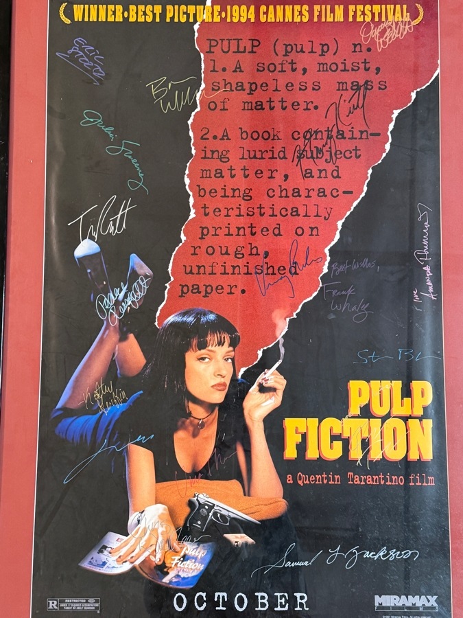 Vintage Pulp Fiction Adv. Movie Poster Signed By The Movie Cast Including Samuel L. Jackson, John Travolta, Uma Thurman, Bruce Willis Steve Buscemi, Tim Roth And More 25 X 39 Framed 33 X 47 [Photo 22]