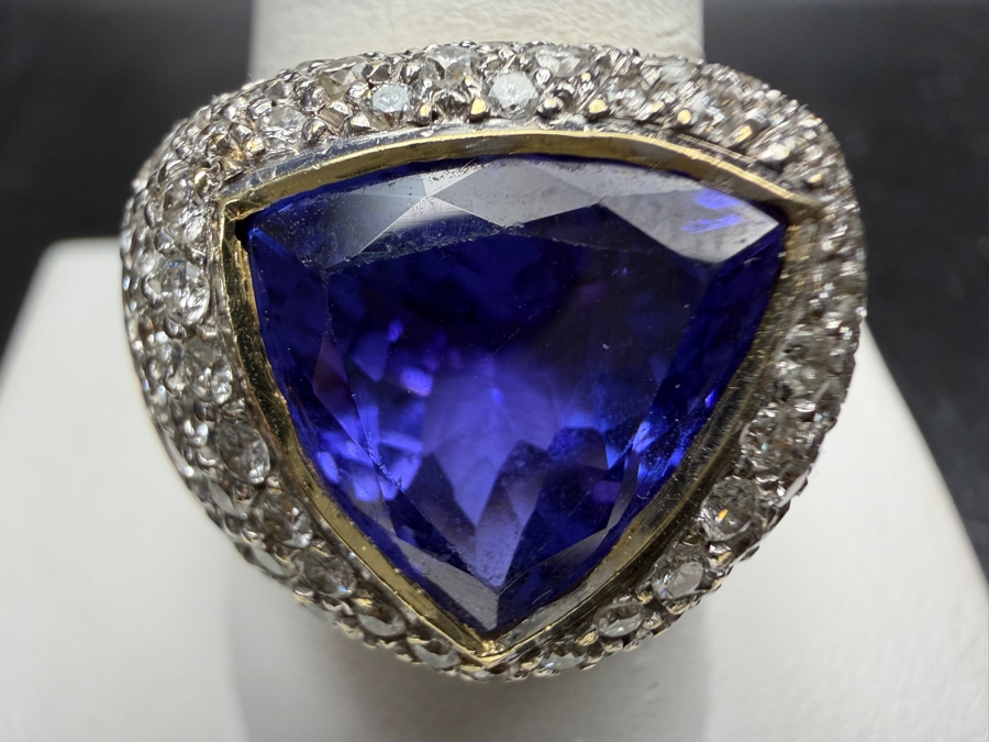 Stunning Large 14k Gold Men's Ring With 12.5mm X 12.5mm Trillion Tanzanite Est. 7ct And Accented With (80) 1.5-1.8mm Round Brilliant Diamonds Est. 1.60cttw Size 11 31.2g Retails $29,400 [Photo 3]