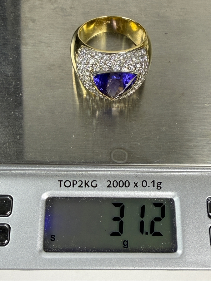 Stunning Large 14k Gold Men's Ring With 12.5mm X 12.5mm Trillion Tanzanite Est. 7ct And Accented With (80) 1.5-1.8mm Round Brilliant Diamonds Est. 1.60cttw Size 11 31.2g Retails $29,400 [Photo 18]