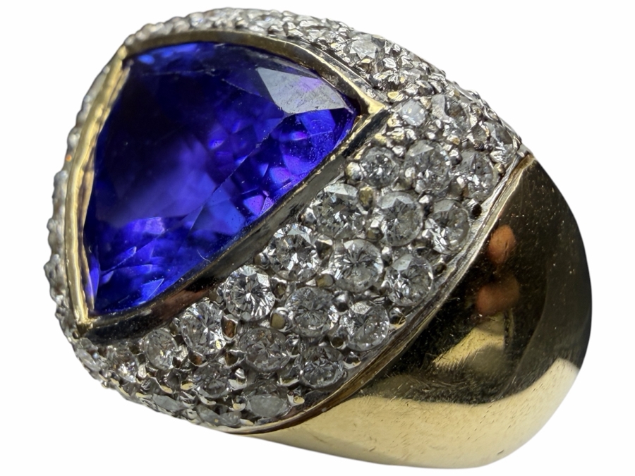 Stunning Large 14k Gold Men's Ring With 12.5mm X 12.5mm Trillion Tanzanite Est. 7ct And Accented With (80) 1.5-1.8mm Round Brilliant Diamonds Est. 1.60cttw Size 11 31.2g Retails $29,400 [Photo 2]