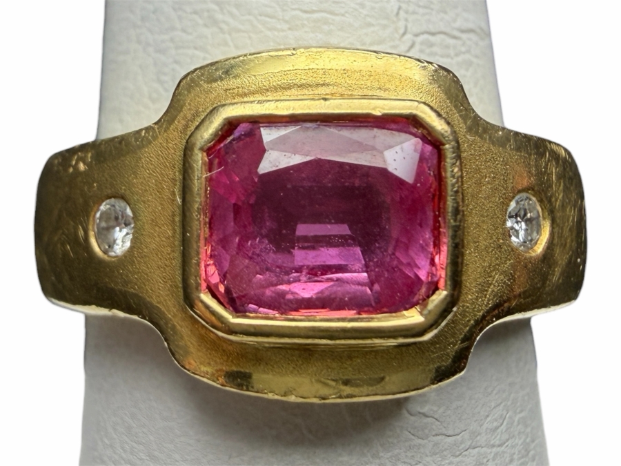 18k Gold Men's 6.5 X 5.5mm Pink Sapphire Ring Accented With (2) 1.8mm Round Brilliant Diamonds Est. .06cttw Size 7.75 9.4g Retails $7,000
