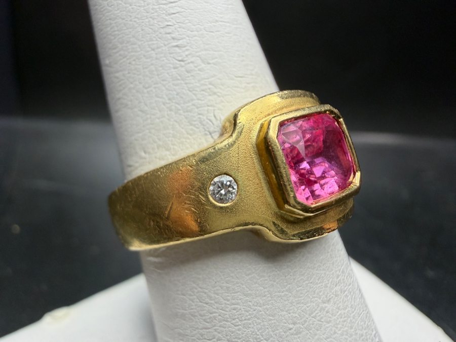 18k Gold Men's 6.5 X 5.5mm Pink Sapphire Ring Accented With (2) 1.8mm Round Brilliant Diamonds Est. .06cttw Size 7.75 9.4g Retails $7,000 [Photo 3]