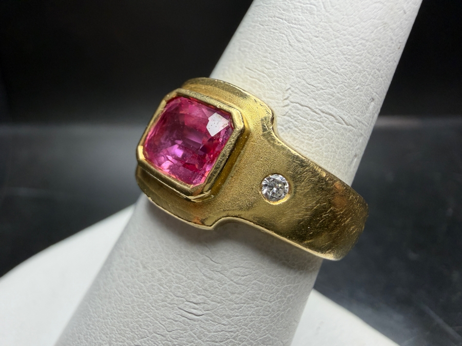 18k Gold Men's 6.5 X 5.5mm Pink Sapphire Ring Accented With (2) 1.8mm Round Brilliant Diamonds Est. .06cttw Size 7.75 9.4g Retails $7,000 [Photo 4]