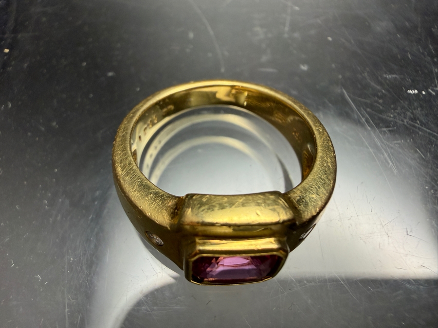 18k Gold Men's 6.5 X 5.5mm Pink Sapphire Ring Accented With (2) 1.8mm Round Brilliant Diamonds Est. .06cttw Size 7.75 9.4g Retails $7,000 [Photo 7]