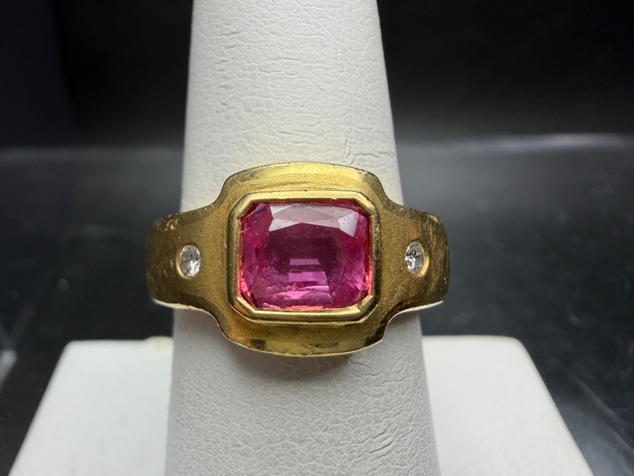 18k Gold Men's 6.5 X 5.5mm Pink Sapphire Ring Accented With (2) 1.8mm Round Brilliant Diamonds Est. .06cttw Size 7.75 9.4g Retails $7,000 [Photo 2]
