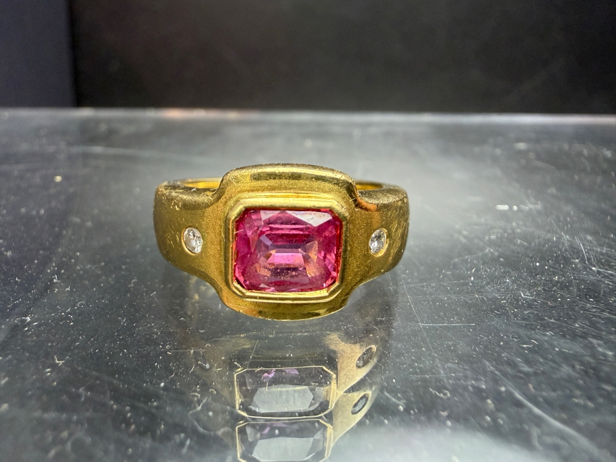 18k Gold Men's 6.5 X 5.5mm Pink Sapphire Ring Accented With (2) 1.8mm Round Brilliant Diamonds Est. .06cttw Size 7.75 9.4g Retails $7,000 [Photo 6]