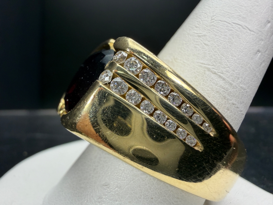 Impressive 14k Gold Men's 11 x 10mm Mozambique Garnet Accented With (16) Diamonds Size 11 30.8g Retails $14,000 [Photo 5]
