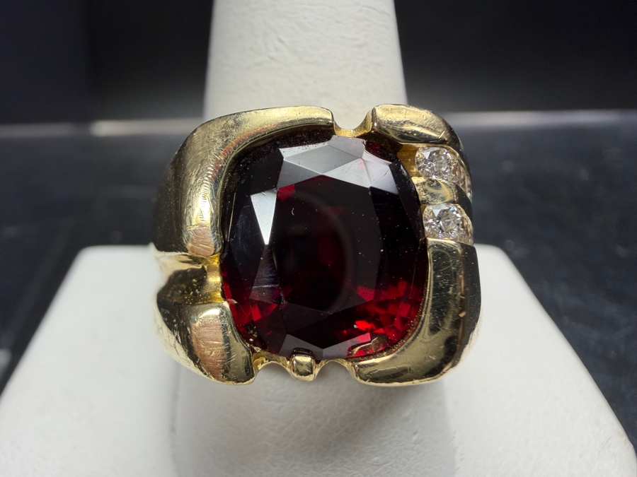 Impressive 14k Gold Men's 11 x 10mm Mozambique Garnet Accented With (16) Diamonds Size 11 30.8g Retails $14,000 [Photo 2]