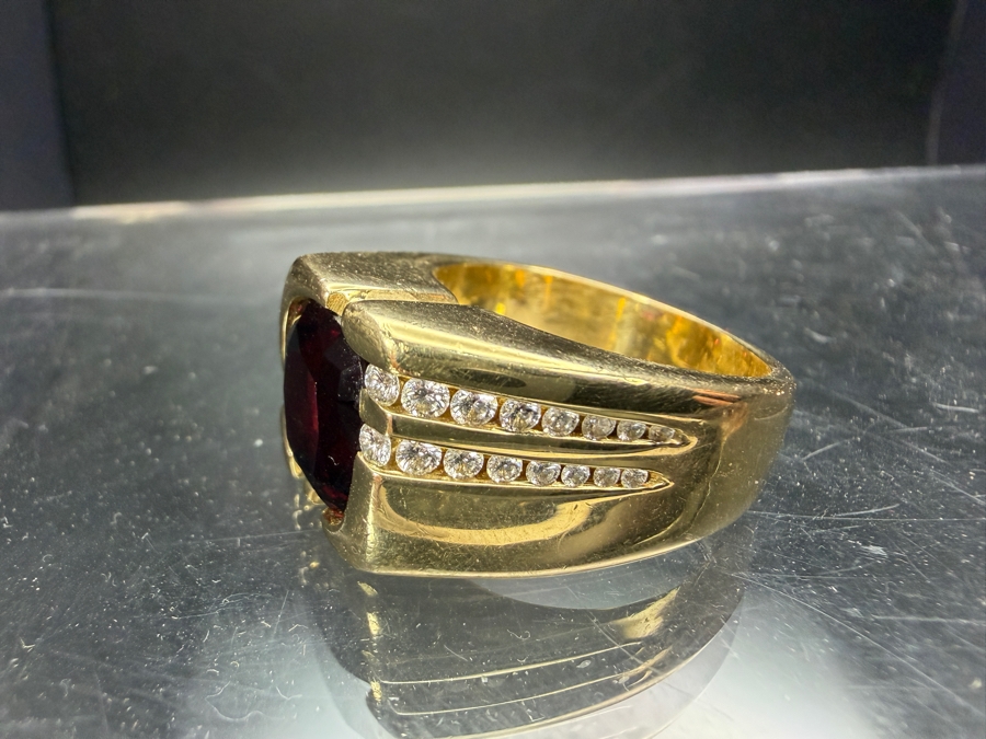 Impressive 14k Gold Men's 11 x 10mm Mozambique Garnet Accented With (16) Diamonds Size 11 30.8g Retails $14,000 [Photo 10]