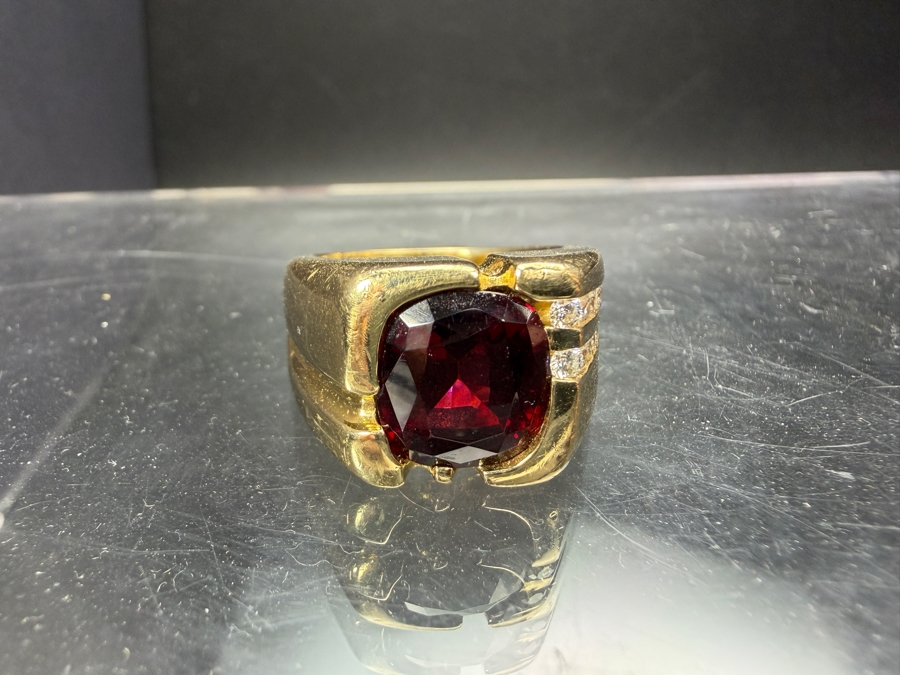 Impressive 14k Gold Men's 11 x 10mm Mozambique Garnet Accented With (16) Diamonds Size 11 30.8g Retails $14,000 [Photo 9]