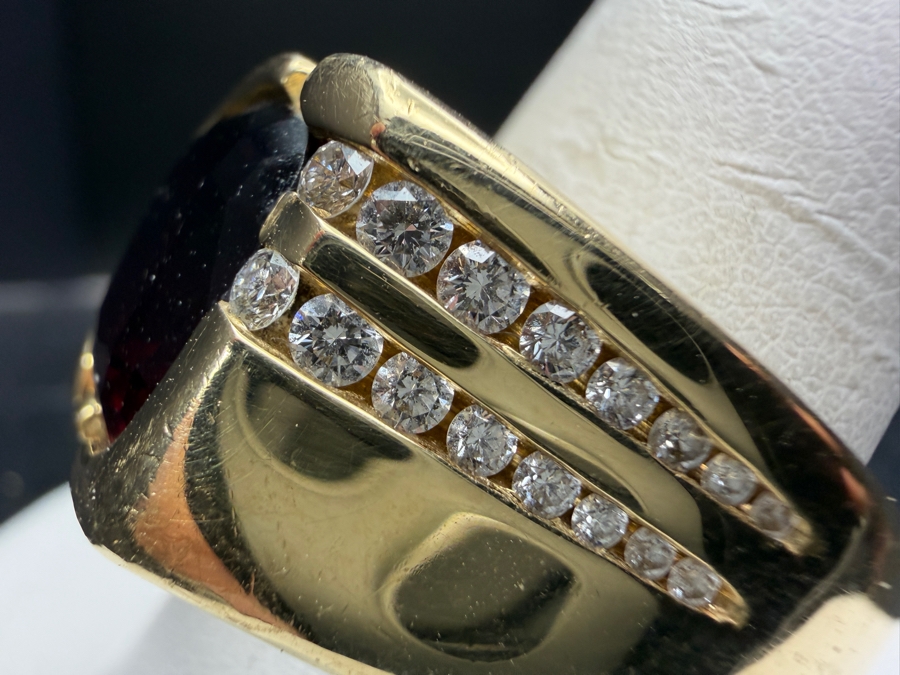 Impressive 14k Gold Men's 11 x 10mm Mozambique Garnet Accented With (16) Diamonds Size 11 30.8g Retails $14,000 [Photo 6]