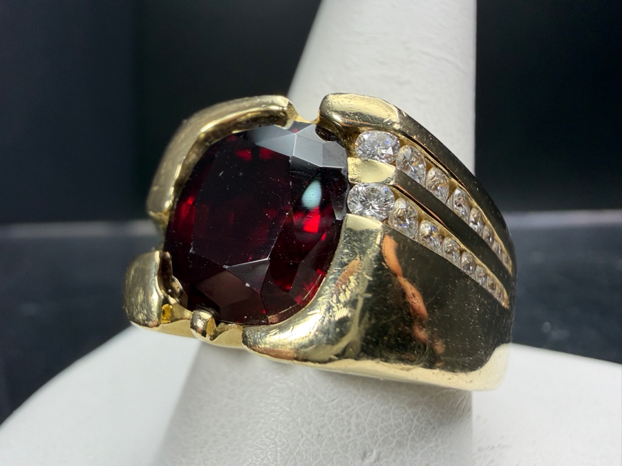 Impressive 14k Gold Men's 11 x 10mm Mozambique Garnet Accented With (16) Diamonds Size 11 30.8g Retails $14,000 [Photo 3]