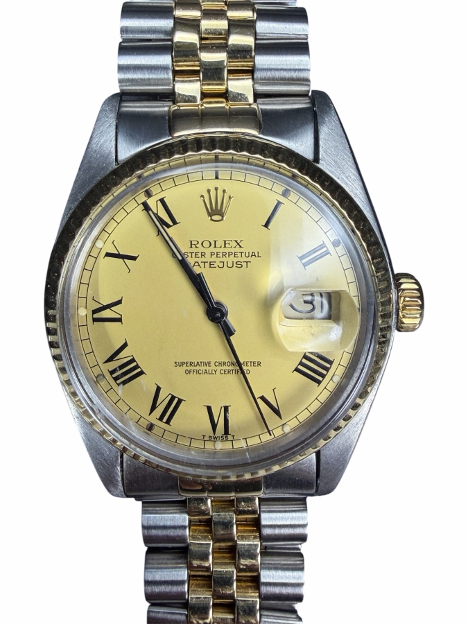 Men's Vintage 1978 Rolex Oyster Perpetual Datejust Watch 14k & Stainless Quickset Roman Numeral Dial Serial Number 5611694 Model No. 16013 92.6g (Serviced A Year Ago) Retails $12,000