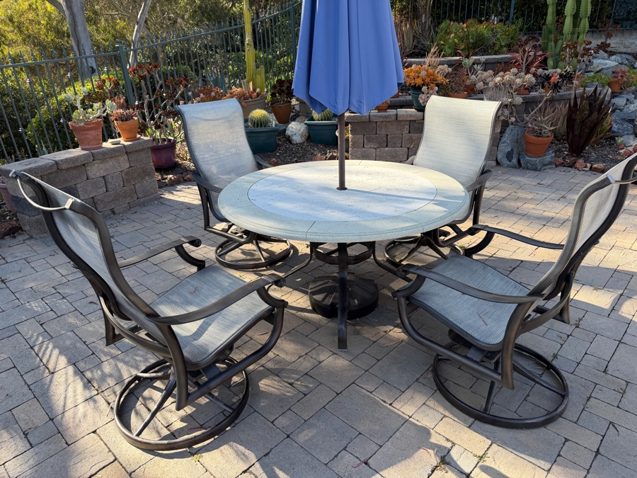 Tropitone Outdoor Patio Set With Round Table, Umbrella And (4) Swivel Rocker Chairs [Photo 2]