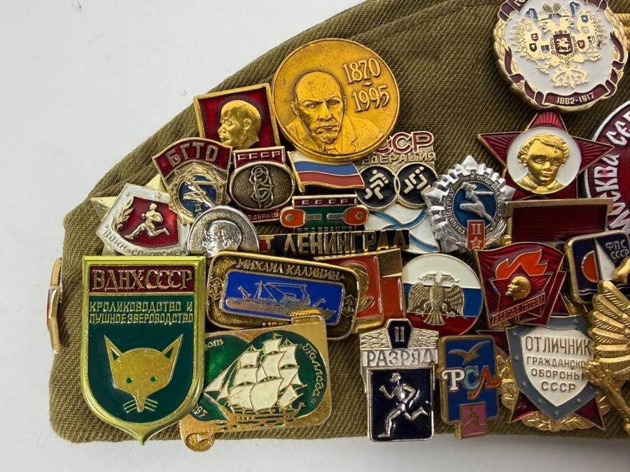 Vintage Soviet Union Military Pilotka Side Cap Adorned With Multiple Patches And Pins 12W [Photo 4]