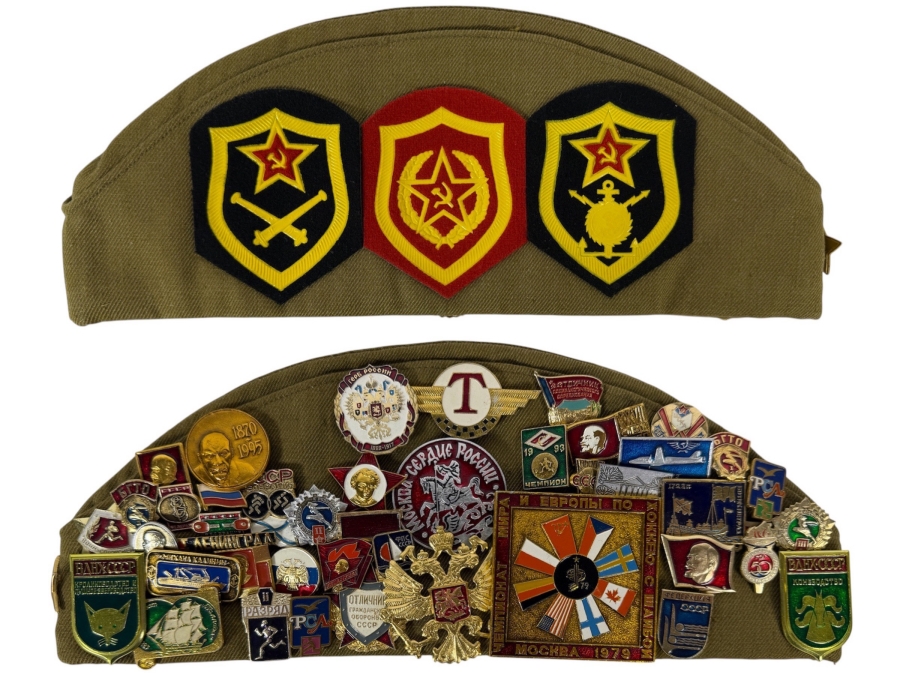 Vintage Soviet Union Military Pilotka Side Cap Adorned With Multiple Patches And Pins 12W