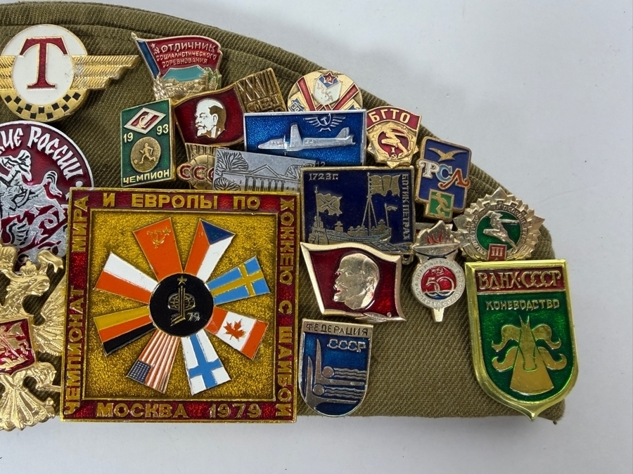 Vintage Soviet Union Military Pilotka Side Cap Adorned With Multiple Patches And Pins 12W [Photo 6]