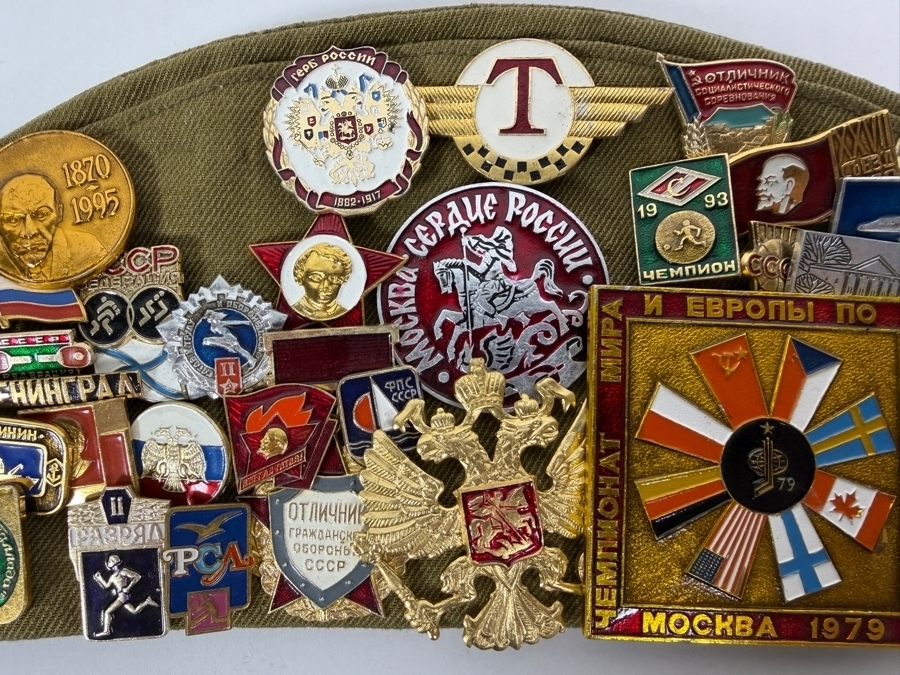 Vintage Soviet Union Military Pilotka Side Cap Adorned With Multiple Patches And Pins 12W [Photo 5]