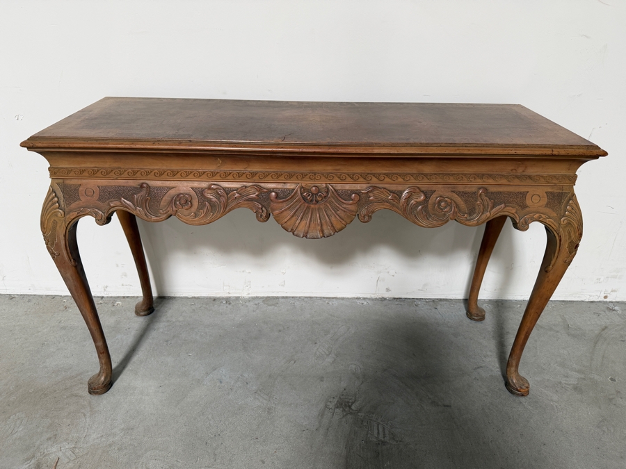Vintage Hand Carved Walnut Console Table Featuring Shell Carvings And Cabriole Legs 53.5W X 19D X 32.5H [Photo 3]