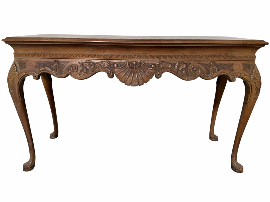 Vintage Hand Carved Walnut Console Table Featuring Shell Carvings And Cabriole Legs 53.5W X 19D X 32.5H