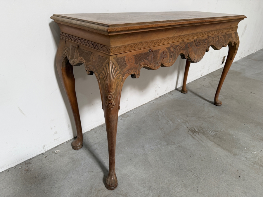 Vintage Hand Carved Walnut Console Table Featuring Shell Carvings And Cabriole Legs 53.5W X 19D X 32.5H [Photo 8]