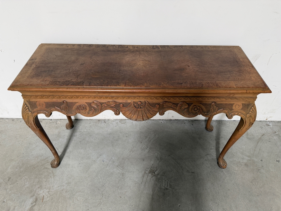 Vintage Hand Carved Walnut Console Table Featuring Shell Carvings And Cabriole Legs 53.5W X 19D X 32.5H [Photo 4]