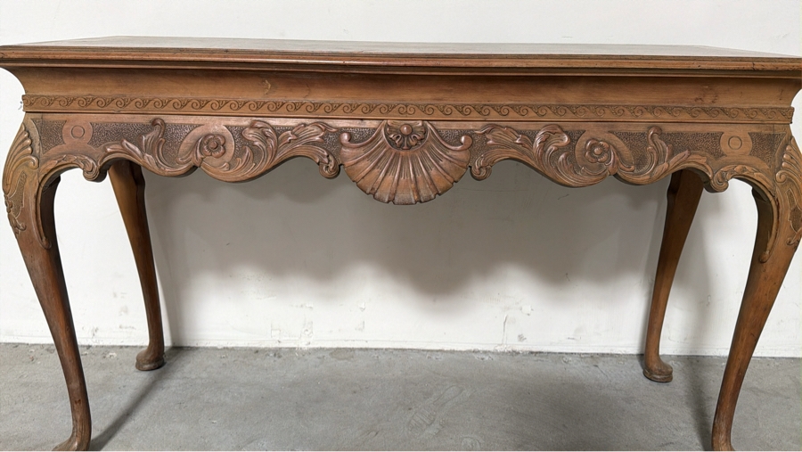Vintage Hand Carved Walnut Console Table Featuring Shell Carvings And Cabriole Legs 53.5W X 19D X 32.5H [Photo 2]