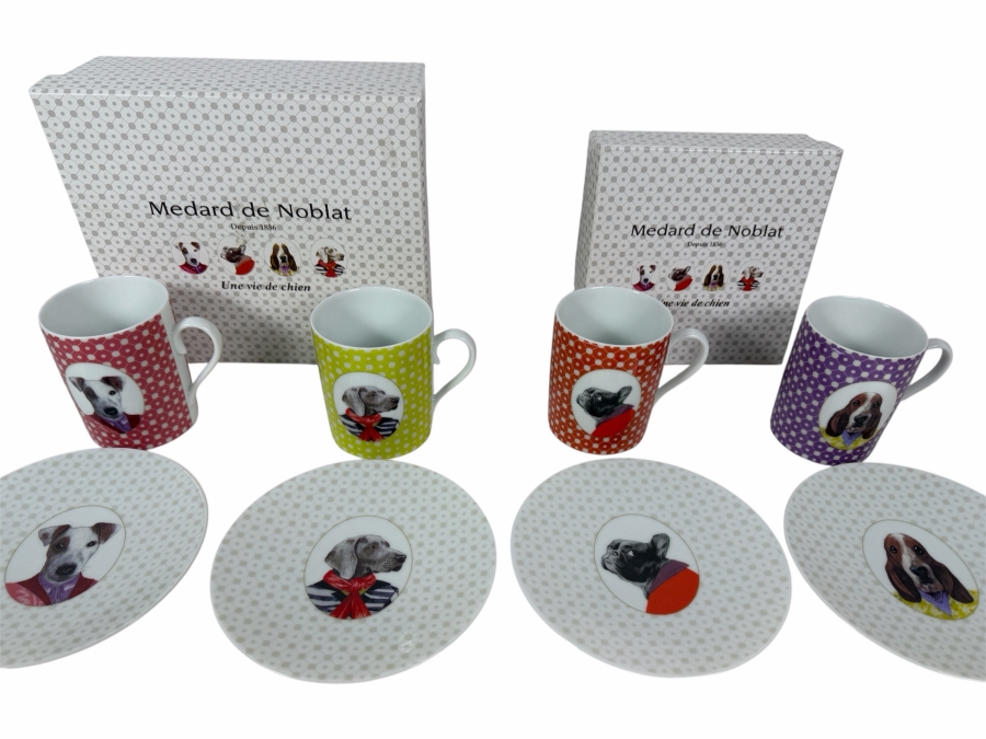 Medard de Noblat 'Une Vie de Chien' ('A Dog's Life') Porcelain Mug And Saucer Set Featuring Anthropomorphic Dog Designs With Original Boxes