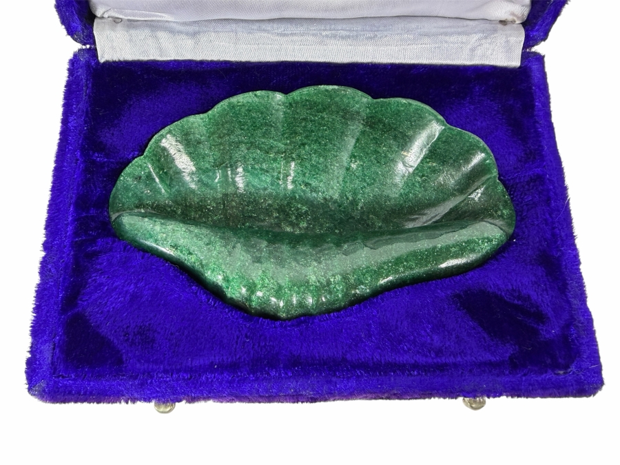 Hand Carved Aventurine Shell Trinket Dish Cased In A Purple Velvet Box 6W X 3D X 2H