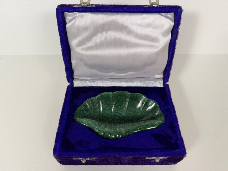 Hand Carved Aventurine Shell Trinket Dish Cased In A Purple Velvet Box 6W X 3D X 2H [Photo 6]