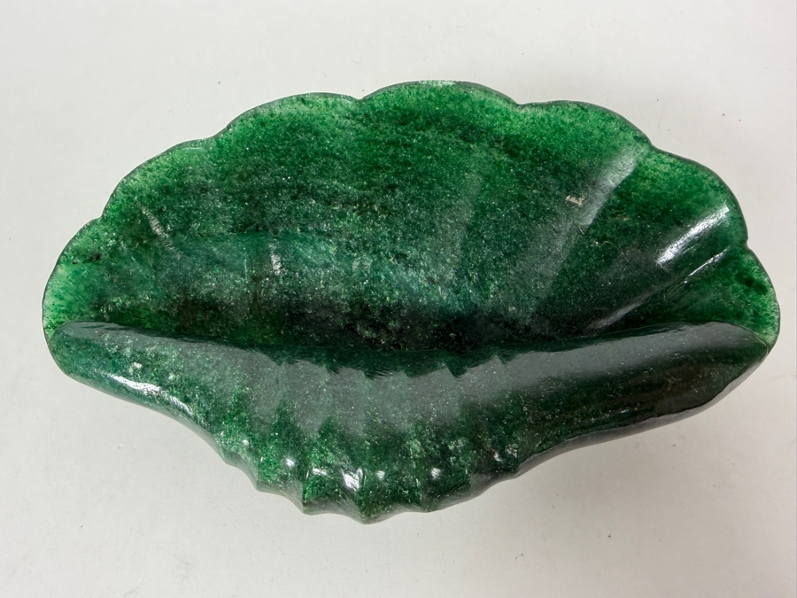 Hand Carved Aventurine Shell Trinket Dish Cased In A Purple Velvet Box 6W X 3D X 2H [Photo 2]