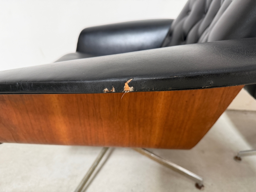 Vintage Mid-Century Modern George Mulhauser Mr. Chair Lounge Chair And Ottoman For Plycraft In Black Leatherette (See Photos For Several Small Tears) [Photo 8]