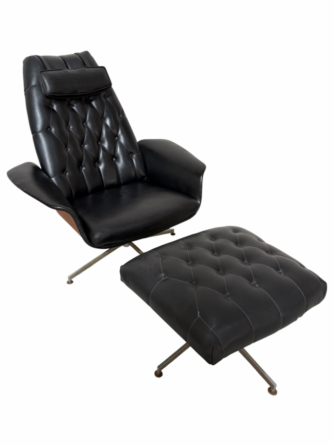 Vintage Mid-Century Modern George Mulhauser Mr. Chair Lounge Chair And Ottoman For Plycraft In Black Leatherette (See Photos For Several Small Tears)