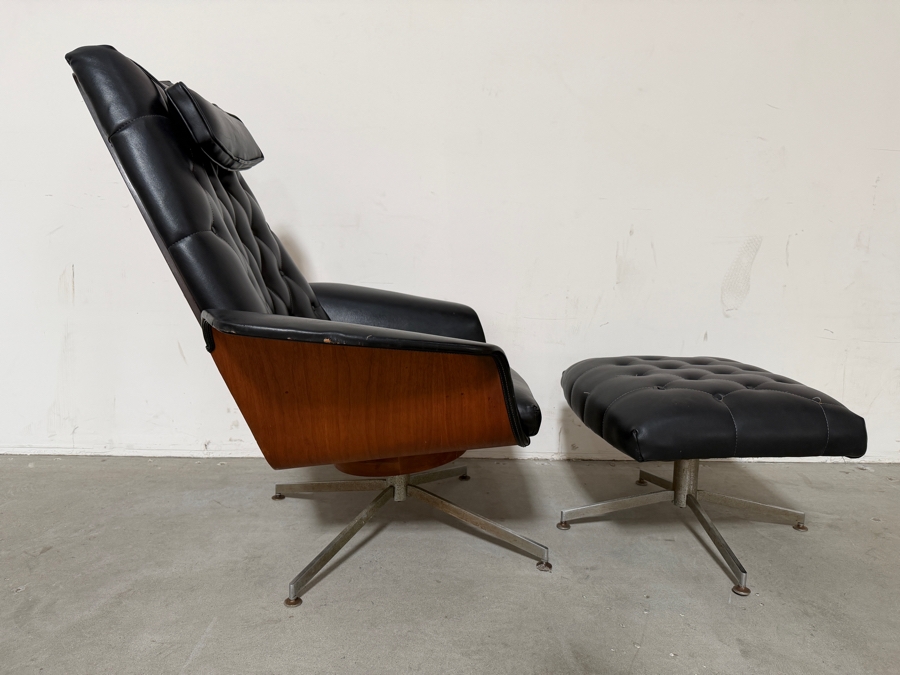Vintage Mid-Century Modern George Mulhauser Mr. Chair Lounge Chair And Ottoman For Plycraft In Black Leatherette (See Photos For Several Small Tears) [Photo 3]