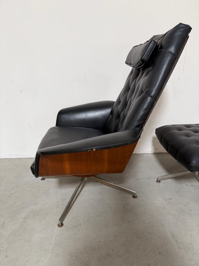 Vintage Mid-Century Modern George Mulhauser Mr. Chair Lounge Chair And Ottoman For Plycraft In Black Leatherette (See Photos For Several Small Tears) [Photo 7]