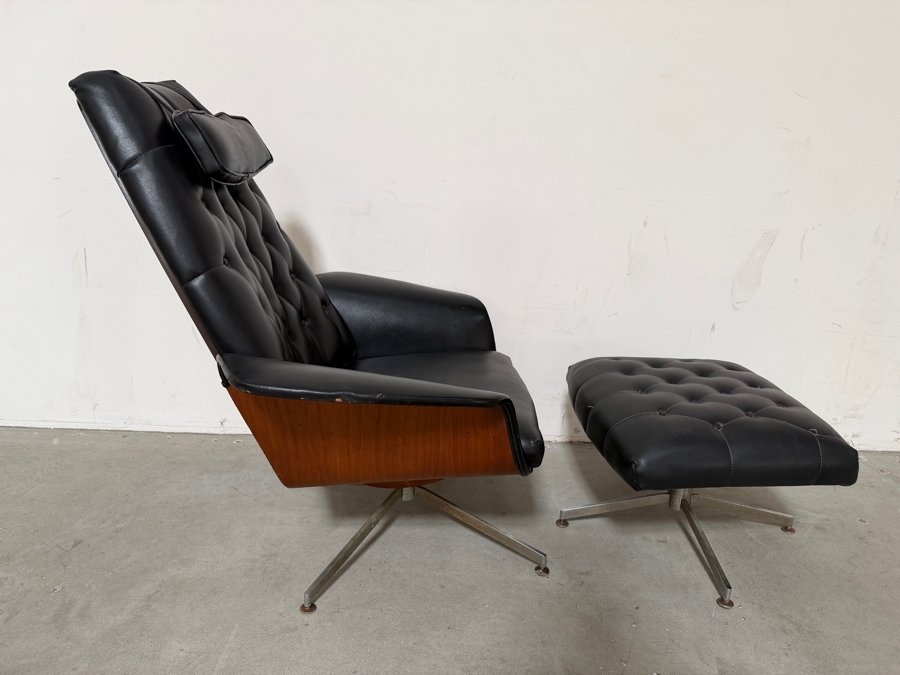 Vintage Mid-Century Modern George Mulhauser Mr. Chair Lounge Chair And Ottoman For Plycraft In Black Leatherette (See Photos For Several Small Tears) [Photo 2]