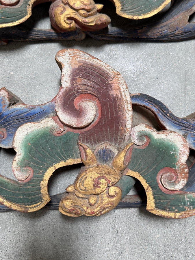 (3) Antique Japanese Hand Carved Wooden Polychrome Bat Carvings From A Japanese Temple 18.5' X 7.5'H X 2'D [Photo 2]