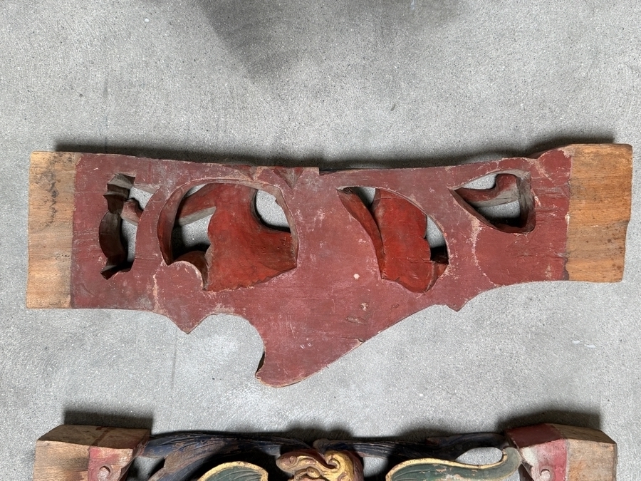 (3) Antique Japanese Hand Carved Wooden Polychrome Bat Carvings From A Japanese Temple 18.5' X 7.5'H X 2'D [Photo 6]