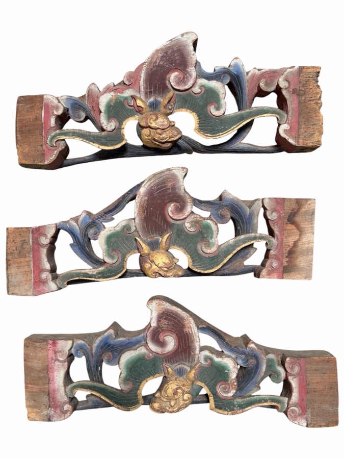 (3) Antique Japanese Hand Carved Wooden Polychrome Bat Carvings From A Japanese Temple 18.5' X 7.5'H X 2'D