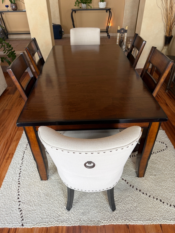 Just Added - Crown Mark Furniture Wooden Table 60' X 42' With Single 18' Leaf With 6 Dining Chairs (2 Chairs Shown Against Wall) And (2) Pier 1 Upholstered Chairs [Photo 7]