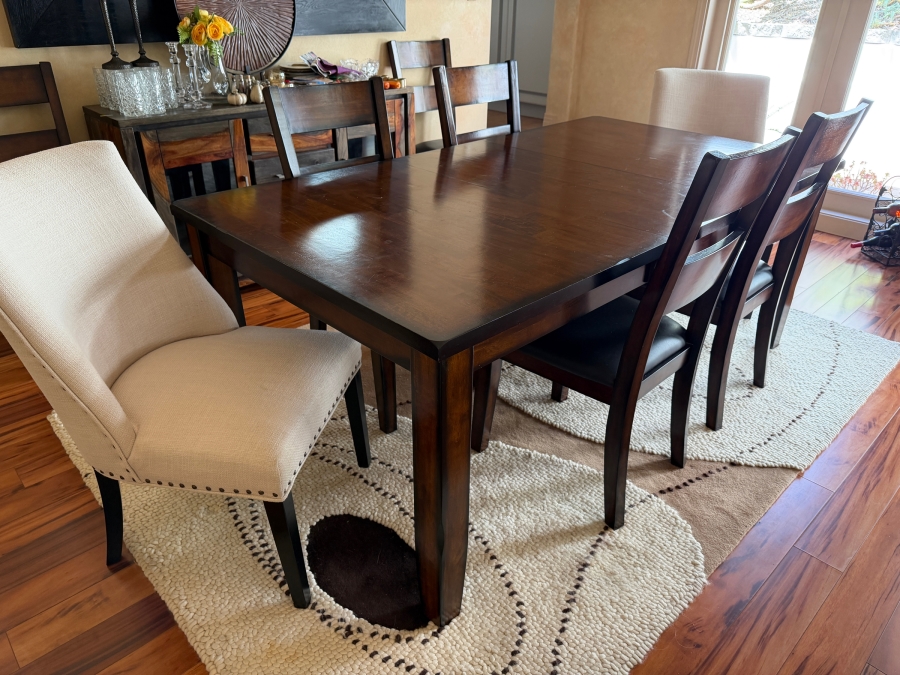 Just Added - Crown Mark Furniture Wooden Table 60' X 42' With Single 18' Leaf With 6 Dining Chairs (2 Chairs Shown Against Wall) And (2) Pier 1 Upholstered Chairs [Photo 2]