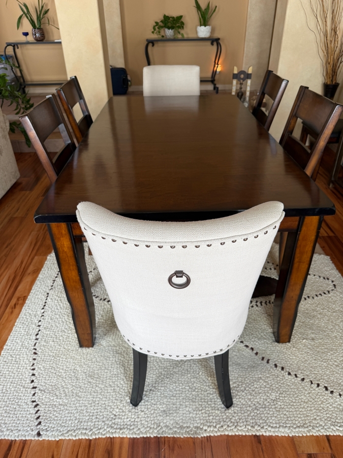Just Added - Crown Mark Furniture Wooden Table 60' X 42' With Single 18' Leaf With 6 Dining Chairs (2 Chairs Shown Against Wall) And (2) Pier 1 Upholstered Chairs [Photo 6]