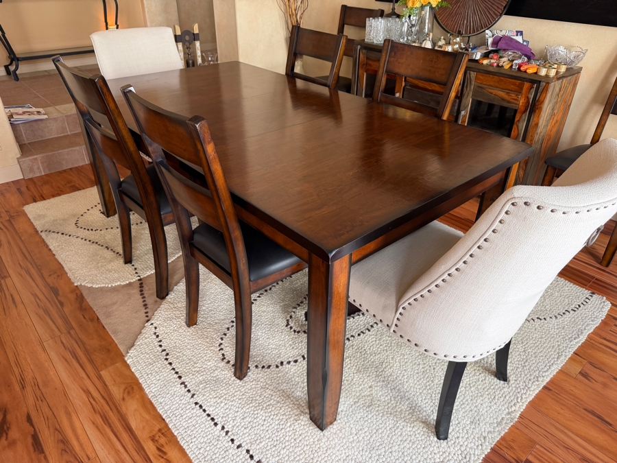Just Added - Crown Mark Furniture Wooden Table 60' X 42' With Single 18' Leaf With 6 Dining Chairs (2 Chairs Shown Against Wall) And (2) Pier 1 Upholstered Chairs