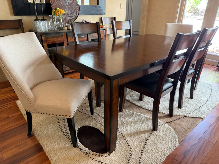 Just Added - Crown Mark Furniture Wooden Table 60' X 42' With Single 18' Leaf With 6 Dining Chairs (2 Chairs Shown Against Wall) And (2) Pier 1 Upholstered Chairs [Photo 3]